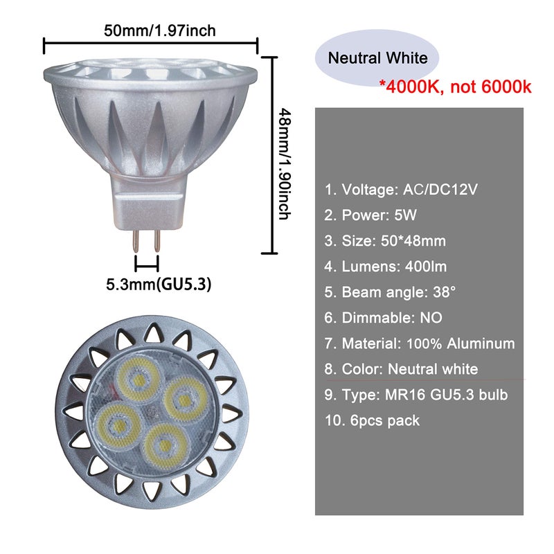 ALIDE لمبات LED MR16 GU5.3 5W 4000K بيضاء محايدة/طبيعية، تعادل 20W-35W هالوجين، لمبات MR16 جهد منخفض 12V للإضاءة الخارجية، غير قابلة للتعتيم، 450lm، 38 درجة، عبوة 6 - Image 3