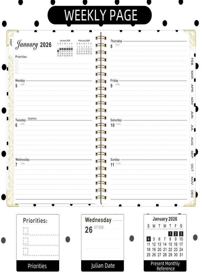 Knagsfa 2026 Monthly Planner, Jan.2026 - Dec.2026 Weekly Monthly Planner 6.25"x8.5" with Page Tabs, Calendar Hardcover with Inner Pocket, Elastic Band, Twin-Wire Binding, Bookmark, Black Daisy - Image 4