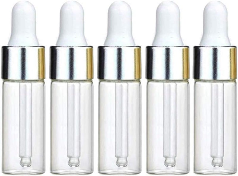 Luzen 50Pcs 5ML Refillable Clear Glass Essential Oil Bottles Eye Dropper Vials Perfume Cosmetic Liquid Aromatherapy Lotion Sample Storage Containers Jars with Eye Dropper Dispenser, Silver Aluminum Cap - Image 1