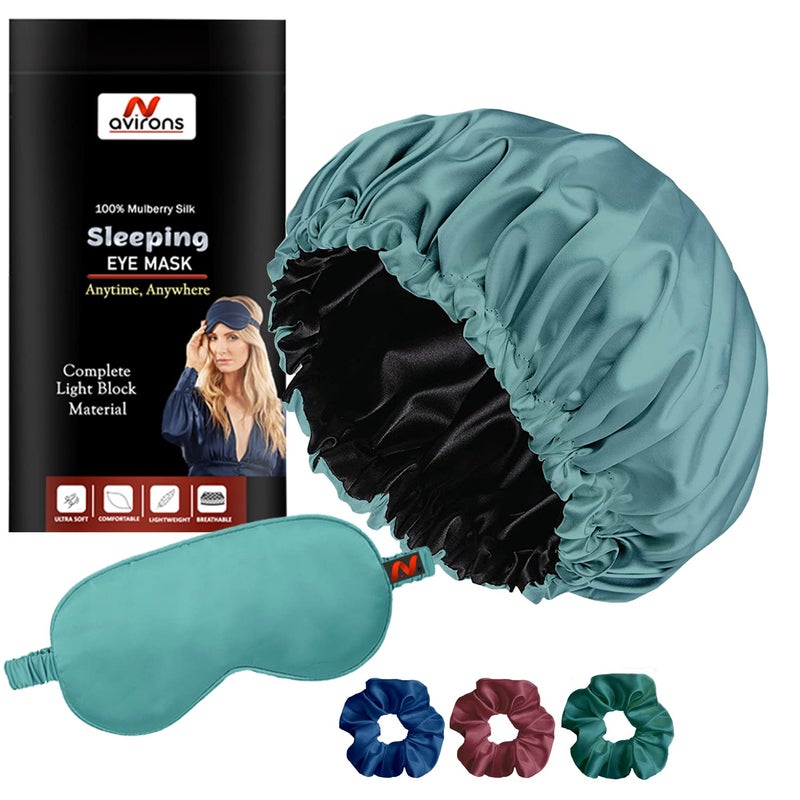 Avirons Satin Silk Hair Bonnet Cap with Scrunchies and Sleeping Eye Mask | Pure Satin Hair Bonnet Cap with Double Layer for Women/Girl | Sleeping Eye Mask Blind Fold for Deeply Sleep - Image 1