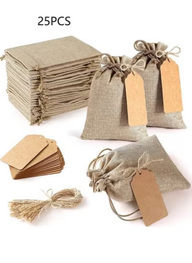 25Pcs Premium Burlap Gift Bags with Drawstring，Breathable Durable Double Layer Thickening Linen Storage Pouches, 4x6 Inch Burlap Bags with Gift Tags and String - Wedding Hessian Linen Sacks Bags Gift Bags for Birthday Wedding Favors Party Jewelry Pouches DIY Craft - Image 1