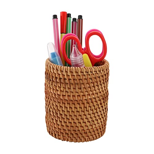 Okllen 2 Pack Rattan Pencil Holder, Handmade Wicker Pen Cup Makeup Brushes Holder, Woven Vine Desk Organizer Pen Container Box for Office & Home Desktop, Kitchen Utensil Cutlery, Cylinder - Image 5