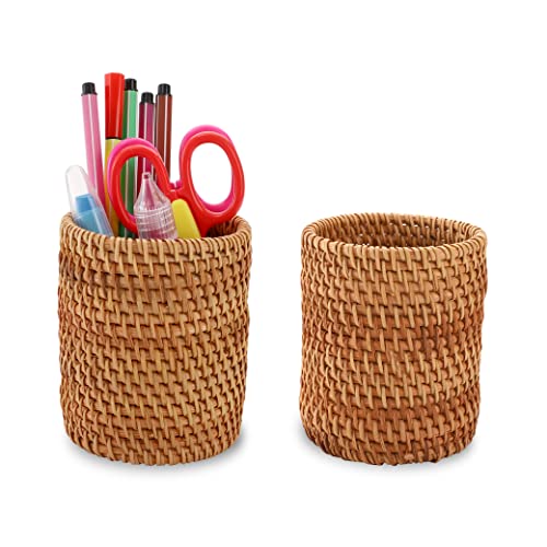 Okllen 2 Pack Rattan Pencil Holder, Handmade Wicker Pen Cup Makeup Brushes Holder, Woven Vine Desk Organizer Pen Container Box for Office & Home Desktop, Kitchen Utensil Cutlery, Cylinder - Image 1