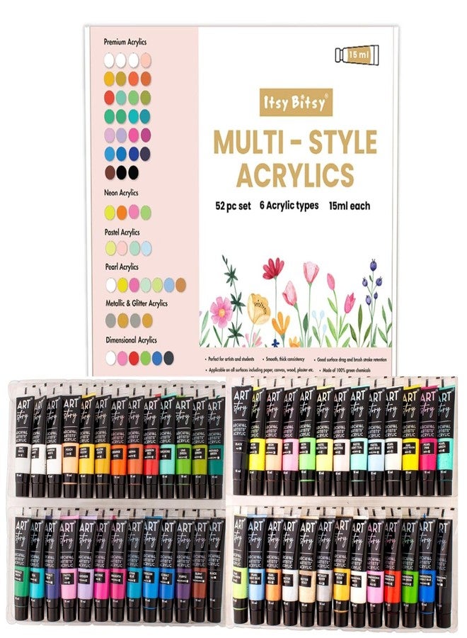 إتسي-بيتسي مجموعة ألوان أكريليك متعددة الأنماط من إيتسي بيتسي، 52 لونًا × 15 مل لكل علبة | ألوان فنية ممتازة للرسم على القماش والخشب والزجاج | ألوان غير سامة ذات أساس مائي للمبتدئين والطلاب والمحترفين - Image 1