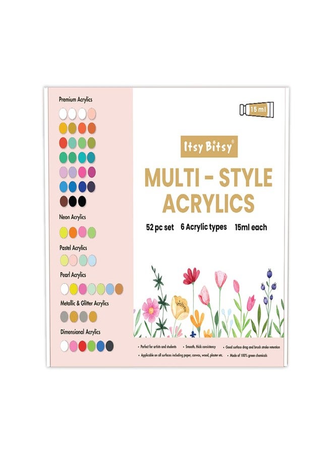 إتسي-بيتسي مجموعة ألوان أكريليك متعددة الأنماط من إيتسي بيتسي، 52 لونًا × 15 مل لكل علبة | ألوان فنية ممتازة للرسم على القماش والخشب والزجاج | ألوان غير سامة ذات أساس مائي للمبتدئين والطلاب والمحترفين - Image 2