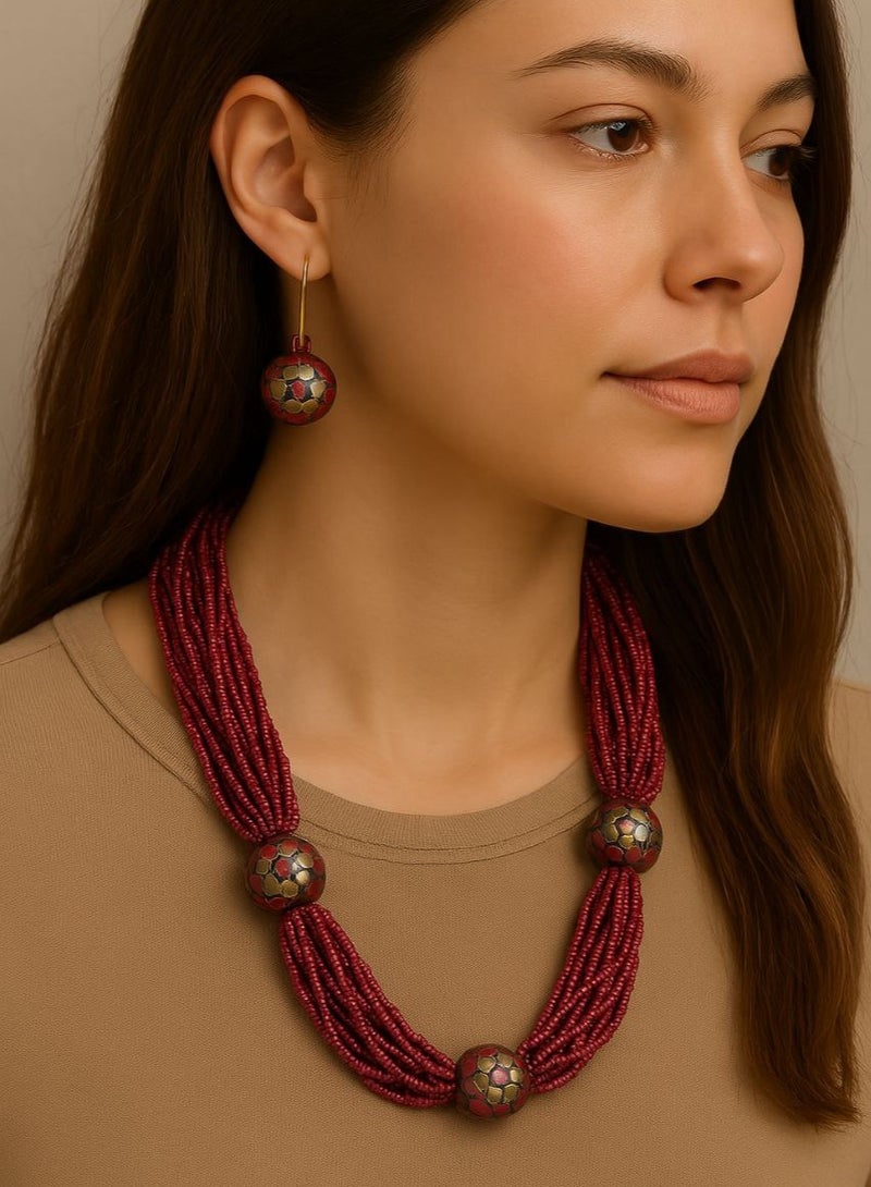 Luxury Multi-Layer Women's Necklace - Dark Red Beads and Gold Floral Motifs - Image 1