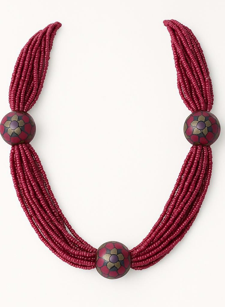 Luxury Multi-Layer Women's Necklace - Dark Red Beads and Gold Floral Motifs - Image 2