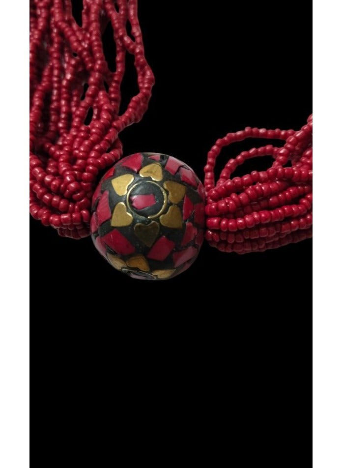 Luxury Multi-Layer Women's Necklace - Dark Red Beads and Gold Floral Motifs - Image 4