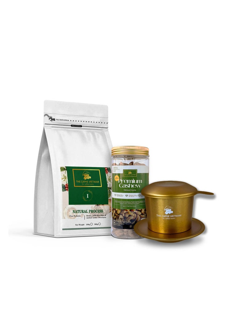 The Caphe Vietnam Combo Gift Set - Fine Robusta Natural Process Whole Bean 250g + Roasted Cashew Skin Size A 500g + Vietnamese Phin Filter (Gold) - Image 1