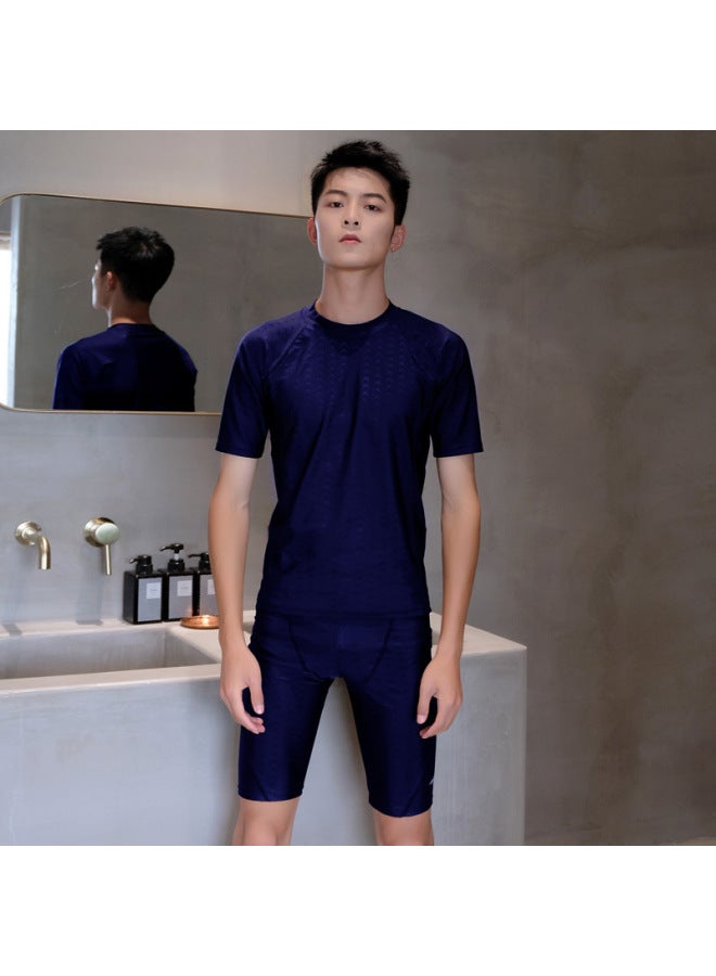 Loquat Swimsuit Men's Professional Anti-embarrassment Large Size Five-point Pants Swimming Equipment Comfortable Full Body Hot Spring Swimsuit Men's Suit-Color:Blue Top + Pants- - Image 1