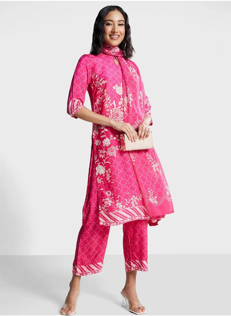 Biba Keyhole Neck Printed Kurti & Pants Set