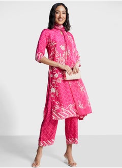 Biba Keyhole Neck Printed Kurti & Pants Set  - Image 1