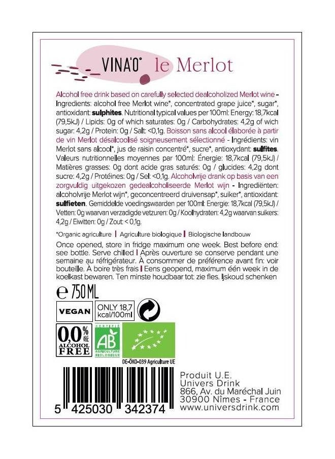 VINA'0 - VINA’0 Le Merlot Organic Non Alcoholic Wine, 750ml - Image 1