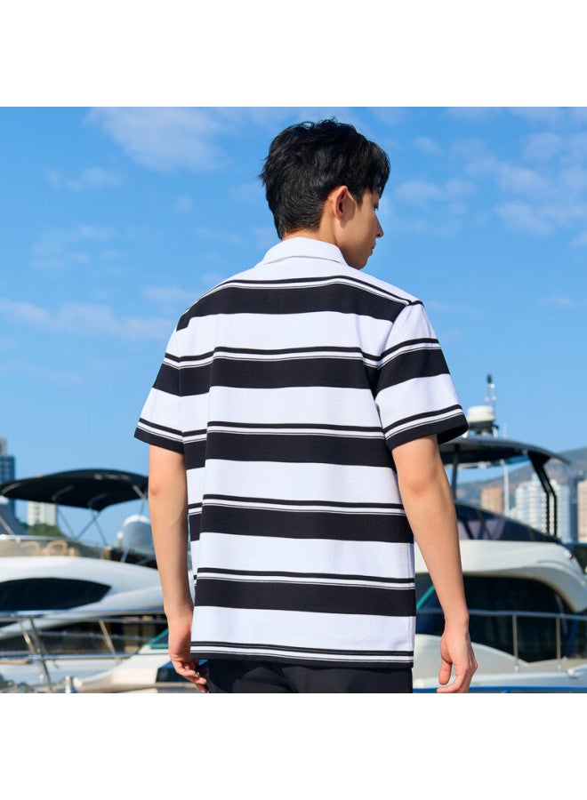 Cabbeen Men's Striped Jacquard Polo Shirt Summer New Turn-down Collar T-shirt Top - Image 4