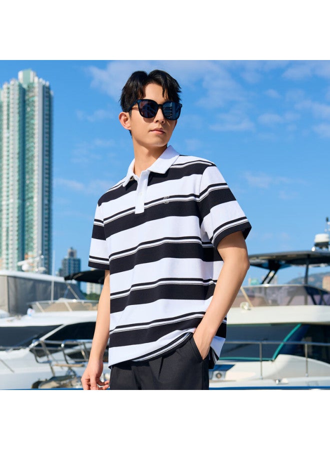 Cabbeen Men's Striped Jacquard Polo Shirt Summer New Turn-down Collar T-shirt Top - Image 2