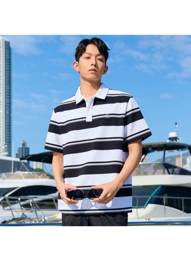 Cabbeen Men's Striped Jacquard Polo Shirt Summer New Turn-down Collar T-shirt Top - Image 3