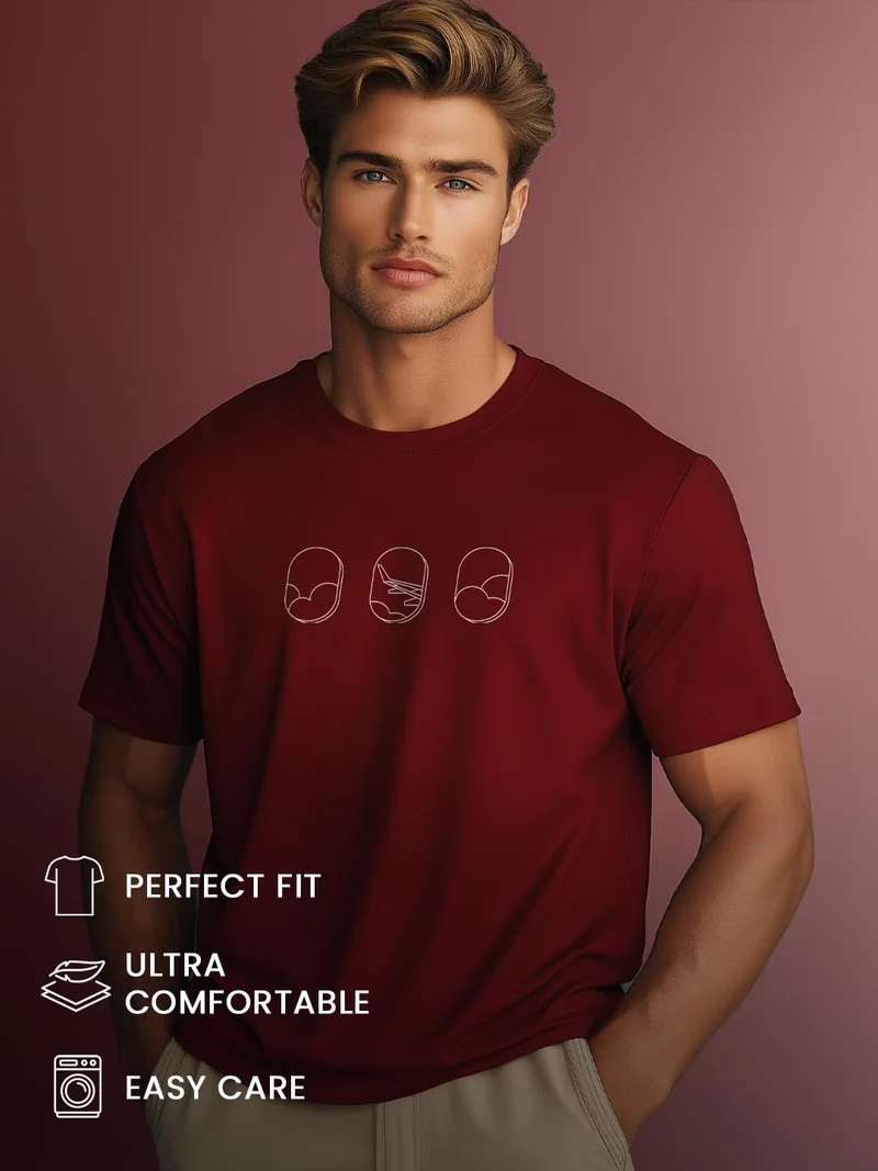 نوبيرو Men's Burgundy Cotton Graphic T-Shirt