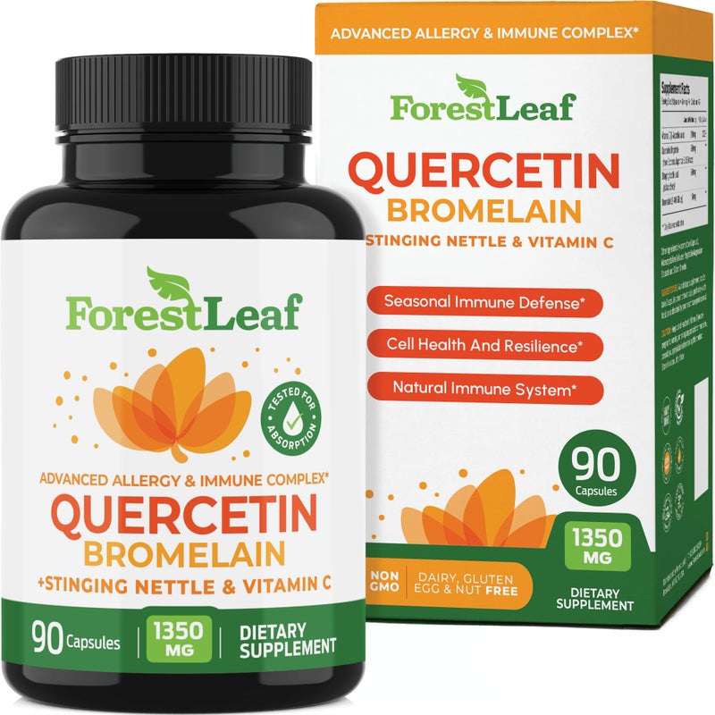 ForestLeaf Quercetin with Bromelain 1350mg Blend with Vitamin C Stinging Nettle Supplement Quercetin 500mg Capsules NonGMO Gluten Free Natural Immune Respiratory Function 90 Veggie Caps