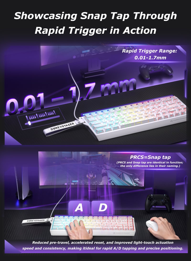 مسافر الكثبان ChatGPT 说：  لوحة مفاتيح الألعاب المغناطيسية CORE 68 بتصميم بنسبة ‎65%‎، مزودة بصندوق إضاءة ملون وأغطية مفاتيح PBT بنقش جانبي منحوت. تتميز بمفاتيح Hall Effect قابلة لتعديل نقطة التفعيل وميزة الاستجابة السريعة (Rapid Trigger)، وتدعم معدل استقصاء 8KHz / 128K بزمن استجابة 0.01 مللي ثانية، مع إضاءة خلفية RGB وتصميم Top-Mount وكابل نحاسي نقي بسرعة ‎8K‎. مزودة بصندوق إضاءة نابض بالحياة، ومتوافقة مع أجهزة Sony PS4 وPS5 وXbox والكمبيوتر الشخصي — الخيار المثالي للاعبين المحترفين. - Image 4