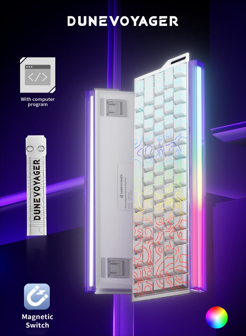 مسافر الكثبان ChatGPT 说：  لوحة مفاتيح الألعاب المغناطيسية CORE 68 بتصميم بنسبة ‎65%‎، مزودة بصندوق إضاءة ملون وأغطية مفاتيح PBT بنقش جانبي منحوت. تتميز بمفاتيح Hall Effect قابلة لتعديل نقطة التفعيل وميزة الاستجابة السريعة (Rapid Trigger)، وتدعم معدل استقصاء 8KHz / 128K بزمن استجابة 0.01 مللي ثانية، مع إضاءة خلفية RGB وتصميم Top-Mount وكابل نحاسي نقي بسرعة ‎8K‎. مزودة بصندوق إضاءة نابض بالحياة، ومتوافقة مع أجهزة Sony PS4 وPS5 وXbox والكمبيوتر الشخصي — الخيار المثالي للاعبين المحترفين. - Image 1