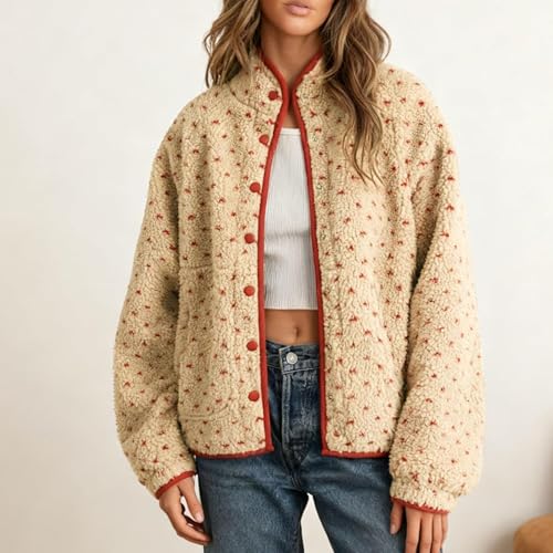 SeeLuNa Slouchy Fleece Jacket Women Long Sleeve Button Down High Neck Polka Dot Puffer Jackets Sherpa Overcoat with Pockets(Red,L) - Image 4