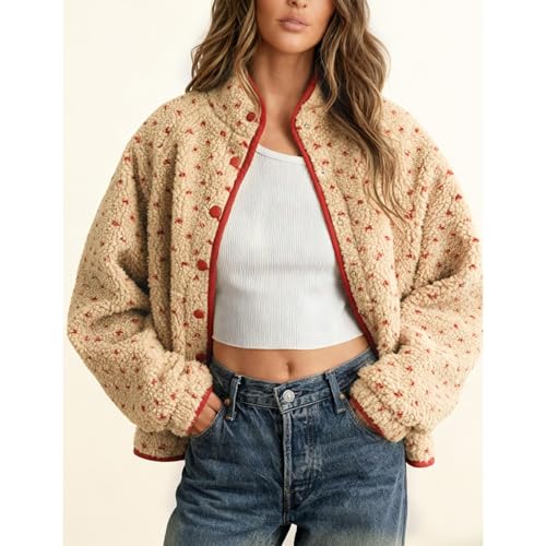 SeeLuNa Slouchy Fleece Jacket Women Long Sleeve Button Down High Neck Polka Dot Puffer Jackets Sherpa Overcoat with Pockets(Red,L) - Image 2