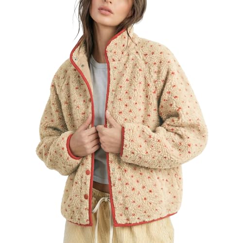 SeeLuNa Slouchy Fleece Jacket Women Long Sleeve Button Down High Neck Polka Dot Puffer Jackets Sherpa Overcoat with Pockets(Red,L) - Image 1