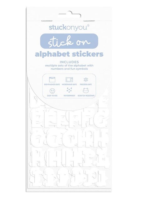 Stuck on You Novelry Alphabet Stickers, includes multiple Sets of Alphabets, Diswasher, Microwave, Freezer safe, scratch resistant.  White