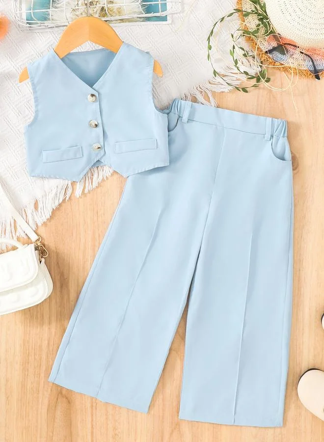 Take Two Take Two Girls Blue Button Detail Vest and Wide Leg Pants Set