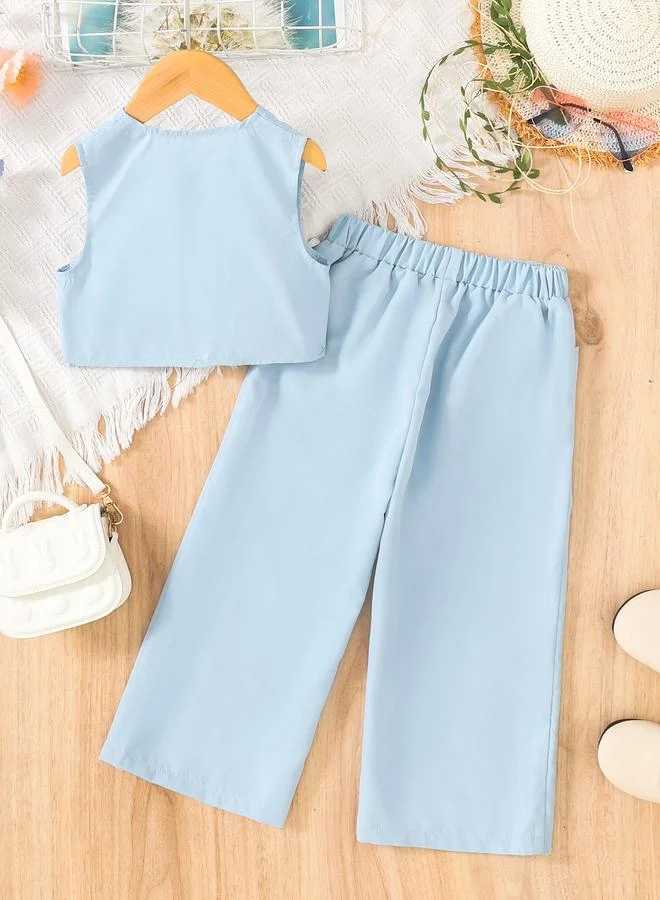 Take Two Take Two Girls Blue Button Detail Vest and Wide Leg Pants Set