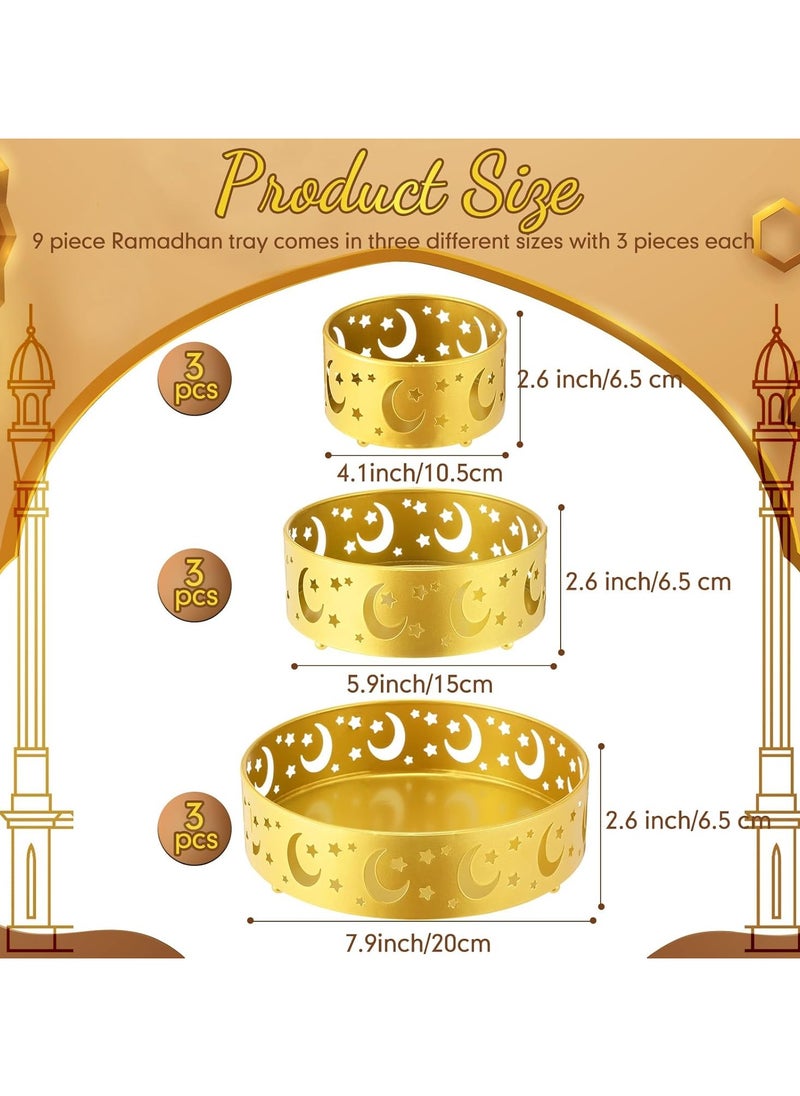 Jorunb 9 Pcs Ramadan Tray, Round Moon Eid Plate Star and Moon Hollow Ramadan Tray Set Ramadan Metal Food Tray Decorative Dining Table for Eid Party Favors, Pastry Dessert Display Stand, 3 Sizes  - Image 2