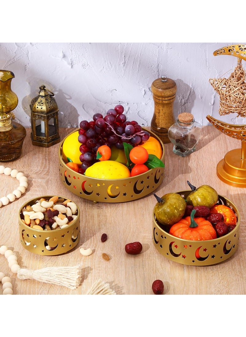 Jorunb 9 Pcs Ramadan Tray, Round Moon Eid Plate Star and Moon Hollow Ramadan Tray Set Ramadan Metal Food Tray Decorative Dining Table for Eid Party Favors, Pastry Dessert Display Stand, 3 Sizes  - Image 4