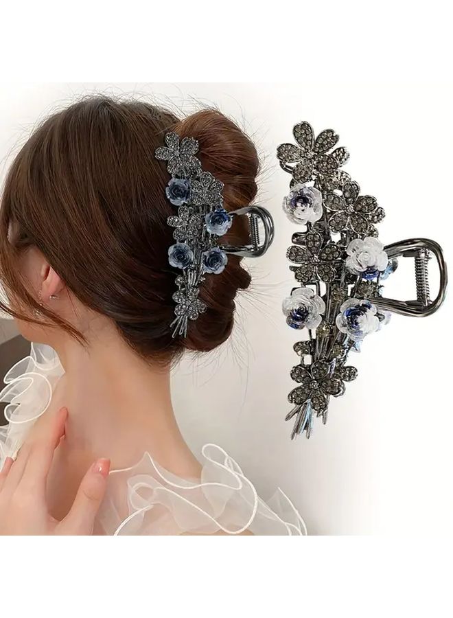 Vintage Floral Hair Claw Clip FS1917 Elegant Black Zinc Alloy Rhinestone Hairpin - Image 1