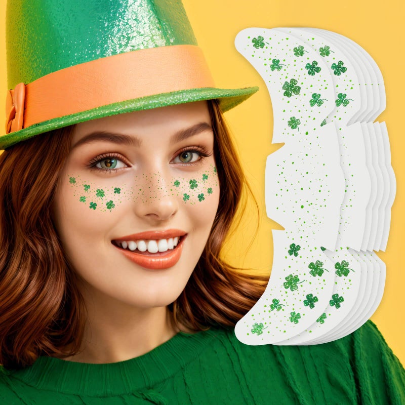 Paminify St Patricks Day Accessories, Green Shamrock Temporary Face Glitter Freckles Tattoos,St Patty's Green Face Tattoos Sparkle Glitter Makeup,Saint Patrick's Day Outfit for Women,6 PCS - Image 1