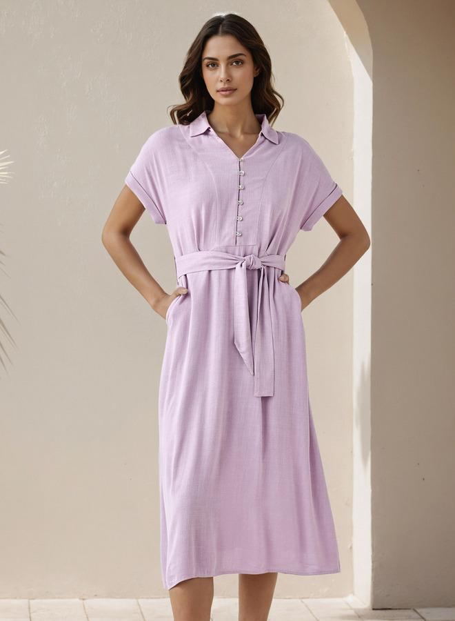 Splash FAV Shirt Midi Dress with Waist Tie-Up - Image 1