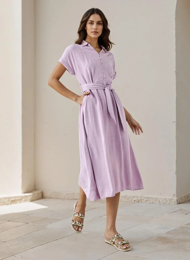 Splash FAV Shirt Midi Dress with Waist Tie-Up