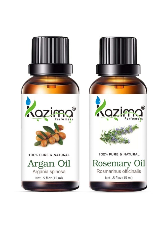 KAZIMA Combo of Moroccan Argan Carrier Oil and Rosemary Essential Oil for Hair Growth, Acne, Moisturizes Skin, 15 ml each - Image 1