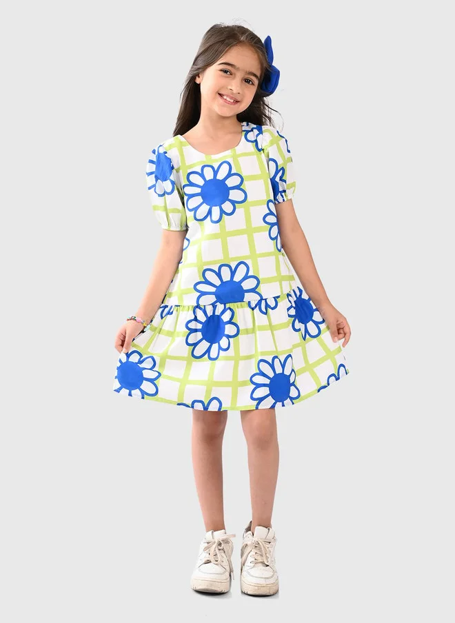 Bonkids BONKIDS Girls Floral Checked Printed Puff Sleeve Drop-Waist Dress