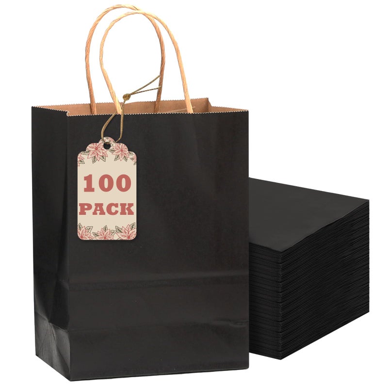 qiqee 100-Packs Black Paper Gift Bags with Handles Bulk 8.26"×6"×3.15" Small Size Gift Bags Multiple Uses - Image 1