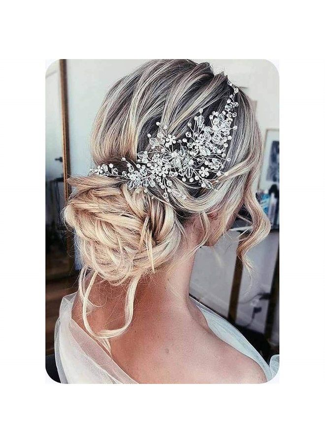 Catery Flower Bride Wedding Headband Silver Crystal Pearl Hair Vine Braid Headpiece Bridal Hair Accessories for Women (Silver) - Image 1