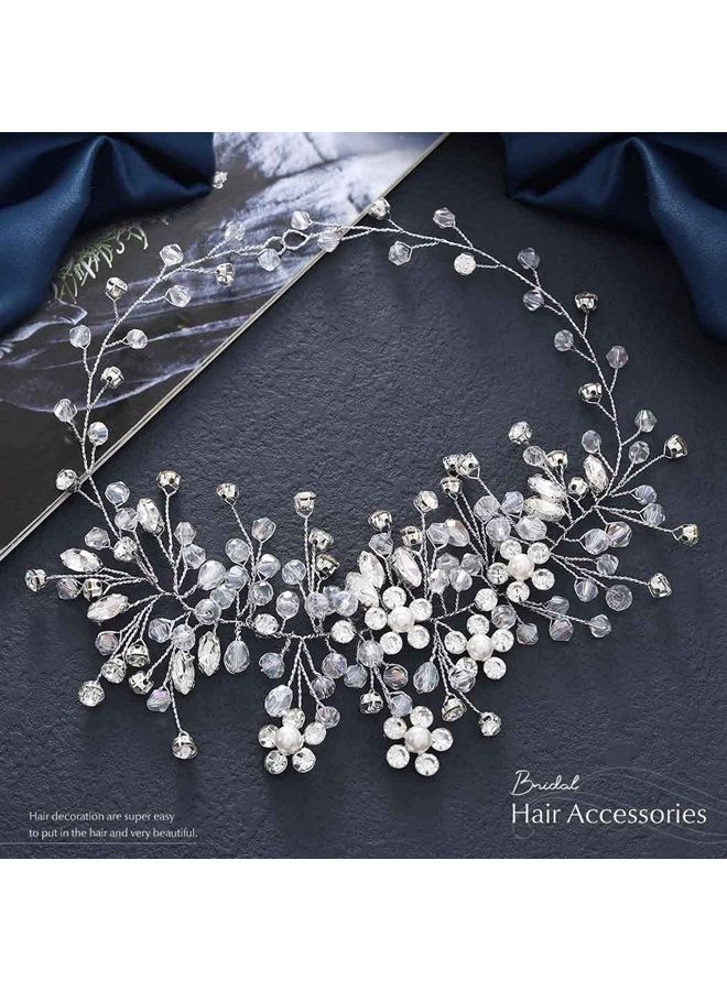 Catery Flower Bride Wedding Headband Silver Crystal Pearl Hair Vine Braid Headpiece Bridal Hair Accessories for Women (Silver) - Image 2