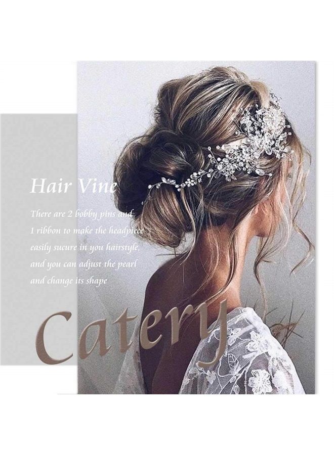 Catery Flower Bride Wedding Headband Silver Crystal Pearl Hair Vine Braid Headpiece Bridal Hair Accessories for Women (Silver) - Image 4