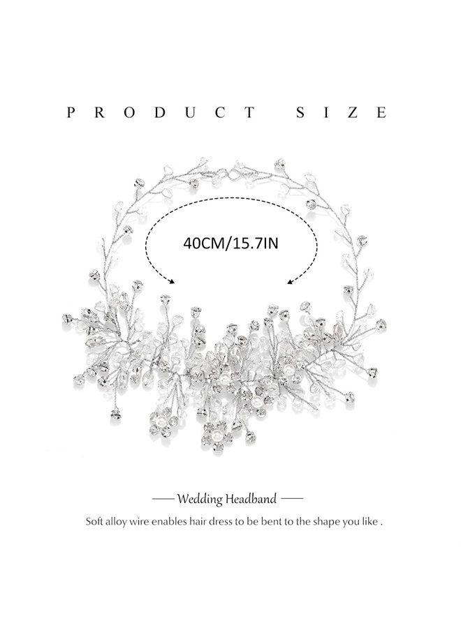 Catery Flower Bride Wedding Headband Silver Crystal Pearl Hair Vine Braid Headpiece Bridal Hair Accessories for Women (Silver) - Image 3