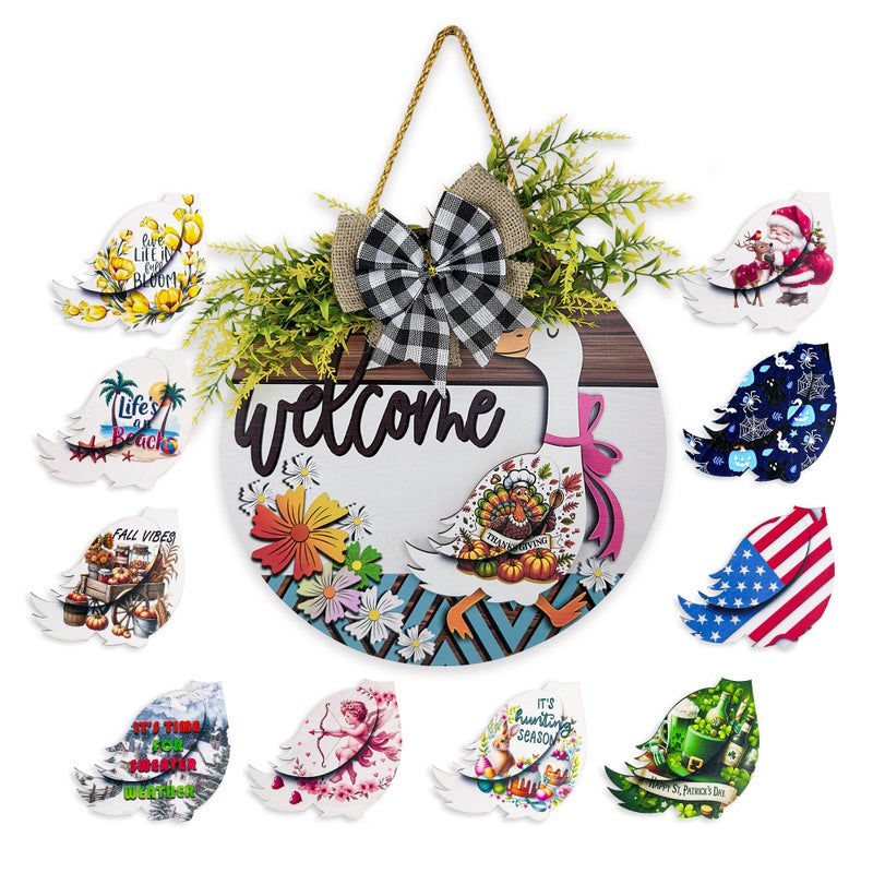 Midrean 12" 11PCS Wooden Interchangeable Holidays Seasons Decor Welcome Home Goosey Signs Year Round Wreaths for Front Door Porch Decorations Women Gift (Colorful) - Image 1