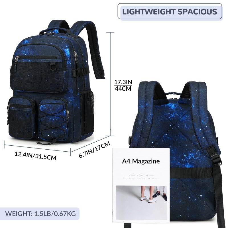 Lohol Multi-Pocket Backpack for Travel College, Heavy Duty Big Bookbag with 15.6 inch Laptop Compartment (Black Blue Galaxy - Image 3