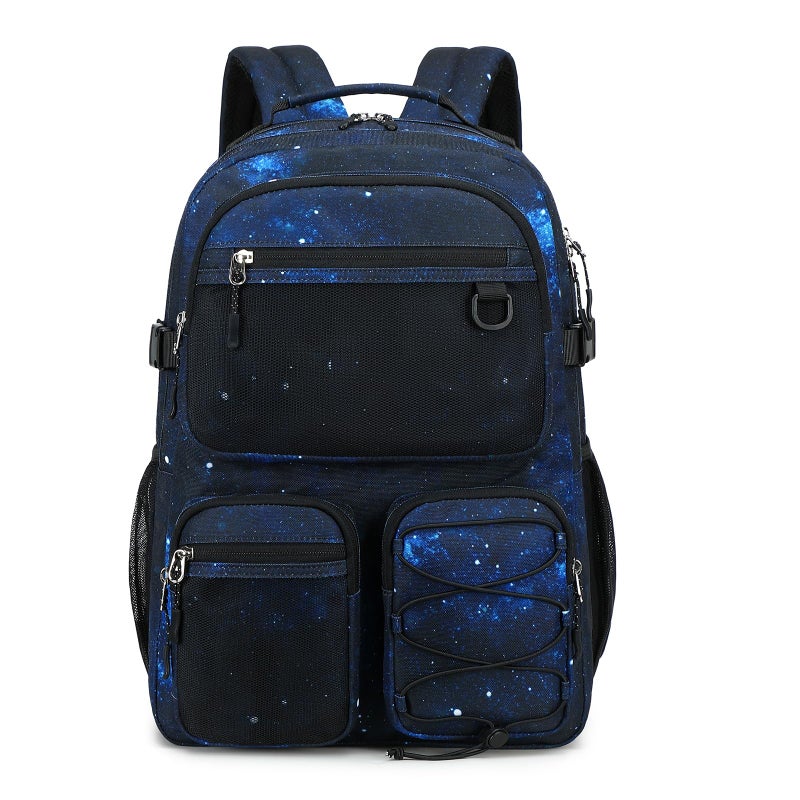 Lohol Multi-Pocket Backpack for Travel College, Heavy Duty Big Bookbag with 15.6 inch Laptop Compartment (Black Blue Galaxy - Image 1