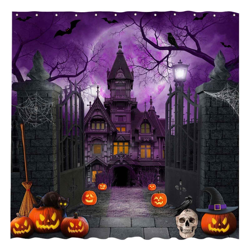 Allenjoy 72"" x 72"" Purple Halloween Shower Curtain for Bathroom Set Scary Night Moon Gothic Haunted House Pumpkin Courtyard Door Home Bath Bathtub Decor Durable Fabric Machine Washable - Image 1