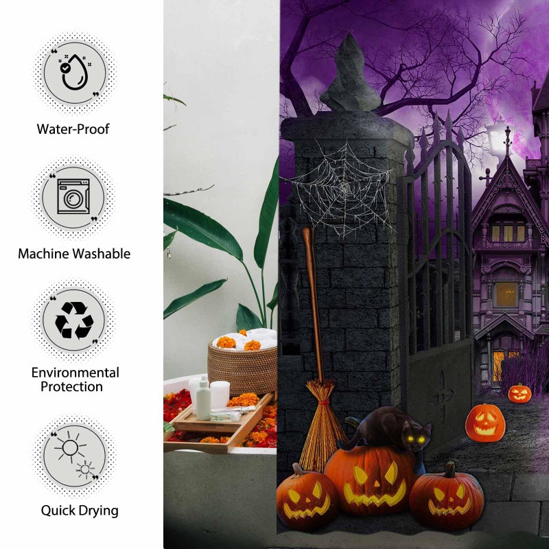 Allenjoy 72"" x 72"" Purple Halloween Shower Curtain for Bathroom Set Scary Night Moon Gothic Haunted House Pumpkin Courtyard Door Home Bath Bathtub Decor Durable Fabric Machine Washable - Image 4