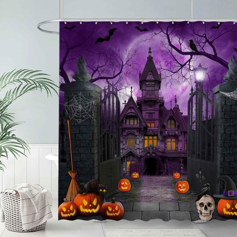 Allenjoy 72"" x 72"" Purple Halloween Shower Curtain for Bathroom Set Scary Night Moon Gothic Haunted House Pumpkin Courtyard Door Home Bath Bathtub Decor Durable Fabric Machine Washable - Image 2