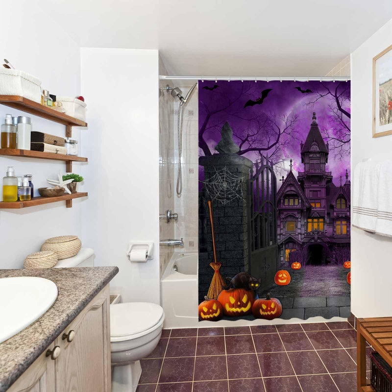 Allenjoy 72"" x 72"" Purple Halloween Shower Curtain for Bathroom Set Scary Night Moon Gothic Haunted House Pumpkin Courtyard Door Home Bath Bathtub Decor Durable Fabric Machine Washable - Image 5